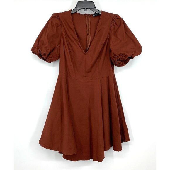Fashion To Figure Dress Rust Brown V Neck Puff Short Sleeve - Picture 1 of 10